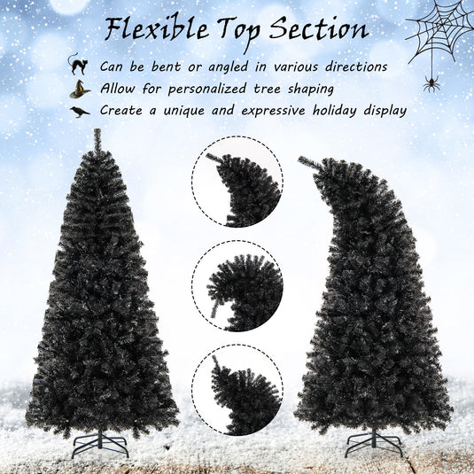 Goplus 7 FT Artificial Halloween Tree, Pre-Lit Black Christmas Tree with Bendable Top Section