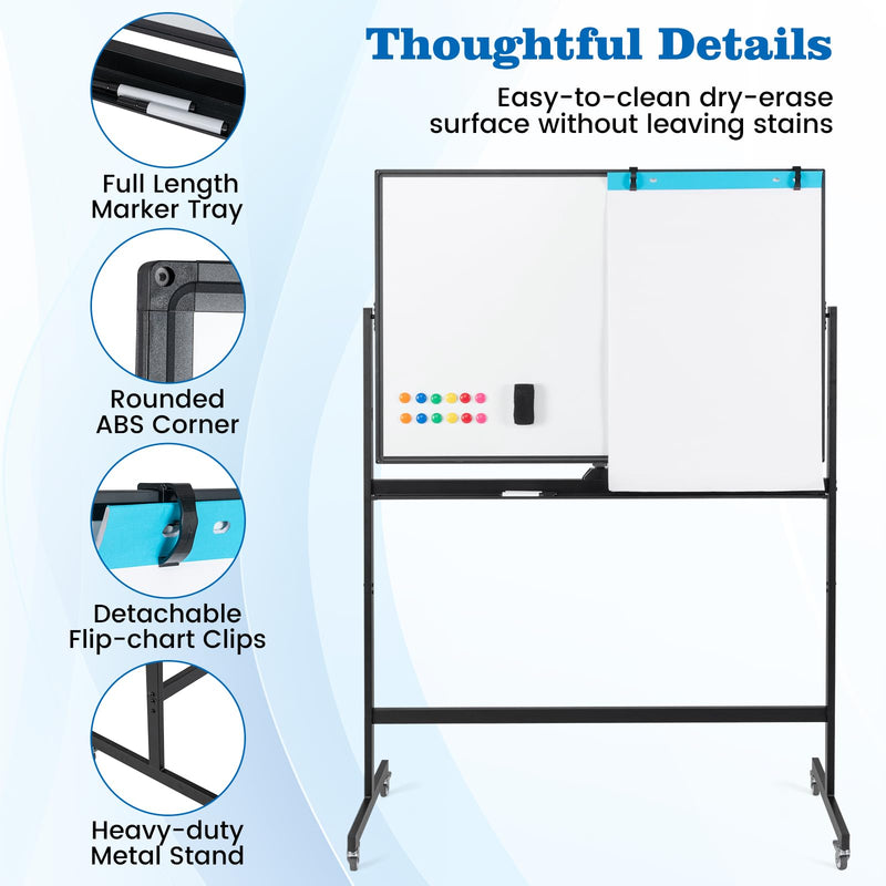 Load image into Gallery viewer, Goplus Rolling White Board, 48&quot; x 32&quot; Double-Sided Whiteboard, Height Adjustable Dry Erase Board w/Markers
