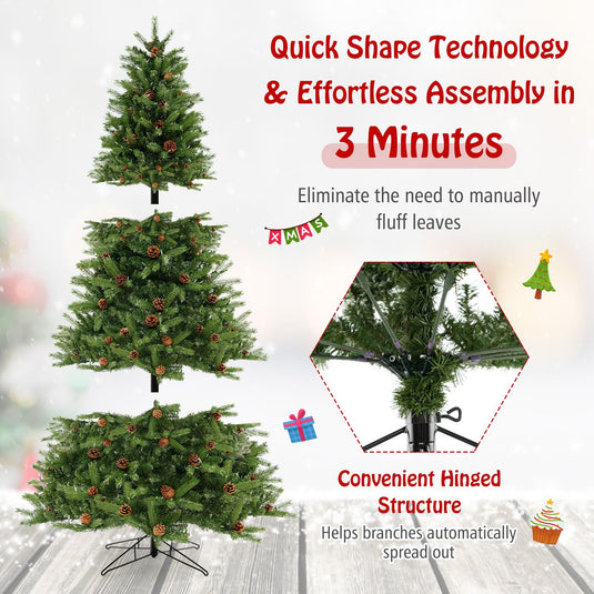 Goplus 3-Minute-Setup Pre-Lit Artificial Christmas Tree, 7ft Hinged Xmas Tree with 360 Quick Power Connector