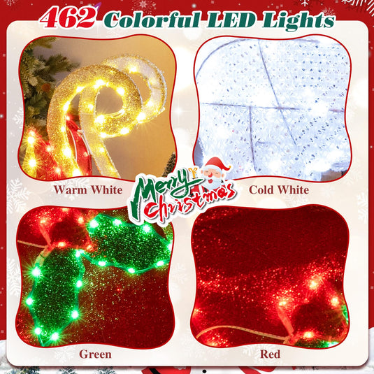 Goplus Lighted Christmas Reindeer & Sleigh Set, Light-up Xmas Decorations with 462 LED Lights