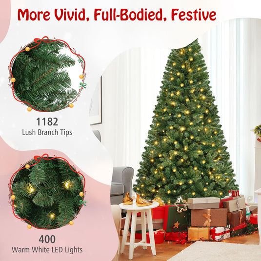 Goplus 8ft Pre-Lit Christmas Tree, Artificial Hinged Xmas Tree with 400 Warm White LED Lights