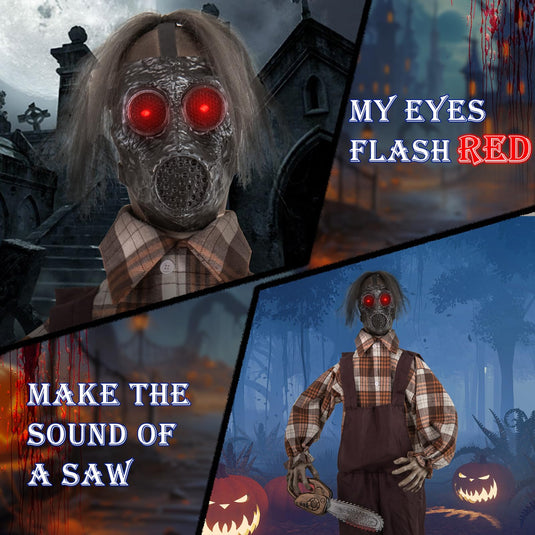 Goplus Halloween Animatronic Chainsaw Man, Halloween Prop with Gas Mask, Chainsaws, Red Light Up Eyes