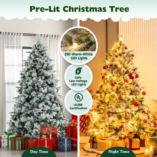 Goplus 6ft Pre-Lit Snow Flocked Artificial Christmas Tree, Pine Needles, for Holiday Party Office Home Decor