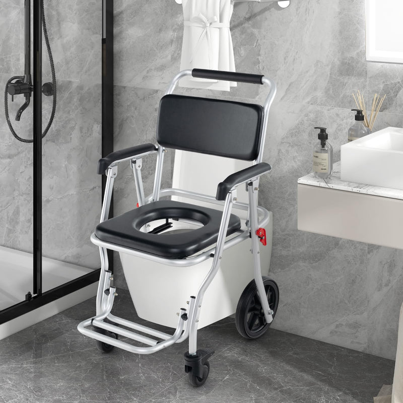 Load image into Gallery viewer, Goplus 4 in 1 Shower Commode Wheelchair, 330lbs Foldable Bedside Commode Chair for Toilet with Arms
