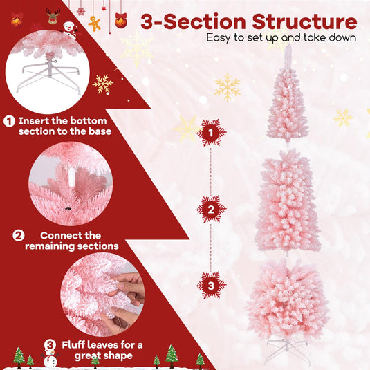 Goplus 8ft Pink Slim Pencil Christmas Tree, Artificial Unlit Skinny Xmas Full Tree with 1000 Branch Tips