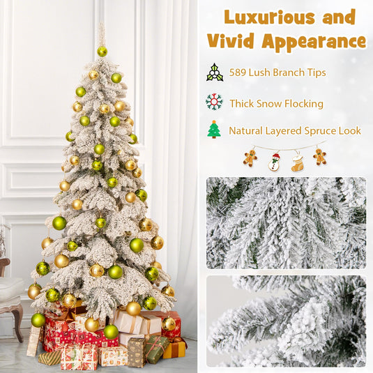 Goplus 6ft Snow Flocked Christmas Tree for Entrances, Hinged Artificial Potted Xmas Tree with 48 Ball Ornaments