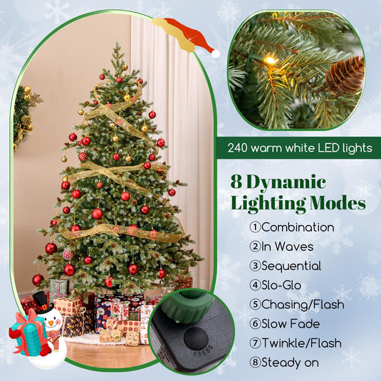 Goplus 6ft Pre-Lit Artificial Christmas Tree, Hinged Full Xmas Pine Tree with 240 Warm White LED Lights