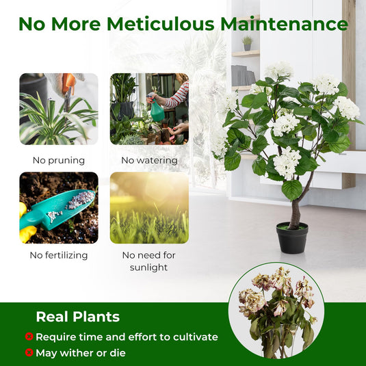 Goplus Artificial Hydrangea Tree, 2 Pack Fake Floral Plant w/11 White Flowers & Realistic Trunk in Plastic Nursery Pot