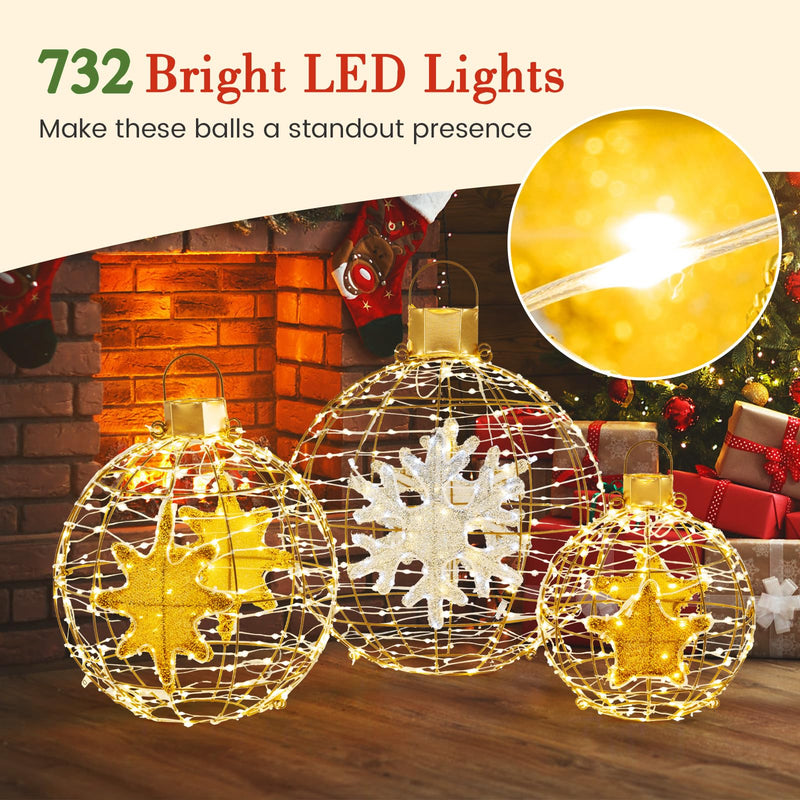 Load image into Gallery viewer, Goplus 3 PCS Pre-Lit Lantern Balls, Hanging/Standing Christmas Ornaments with 732 Bright LED Lights, Zip Ties &amp; Ground Stakes
