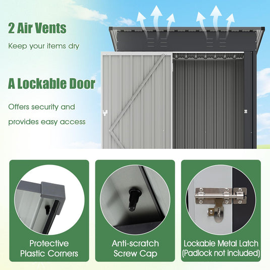 Goplus 5 x 3 FT Outdoor Storage Shed, Galvanized Metal Tool House w/Sloped Roof, 2 Vents, Lockable Door