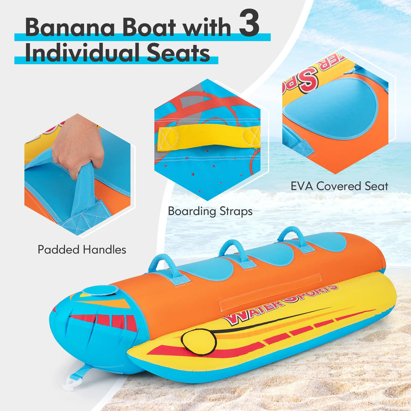 Load image into Gallery viewer, Goplus Inflatable Towable Tubes for Boating, Water Sports Banana Boat with 3 EVA-padded Seats for Towing Rider
