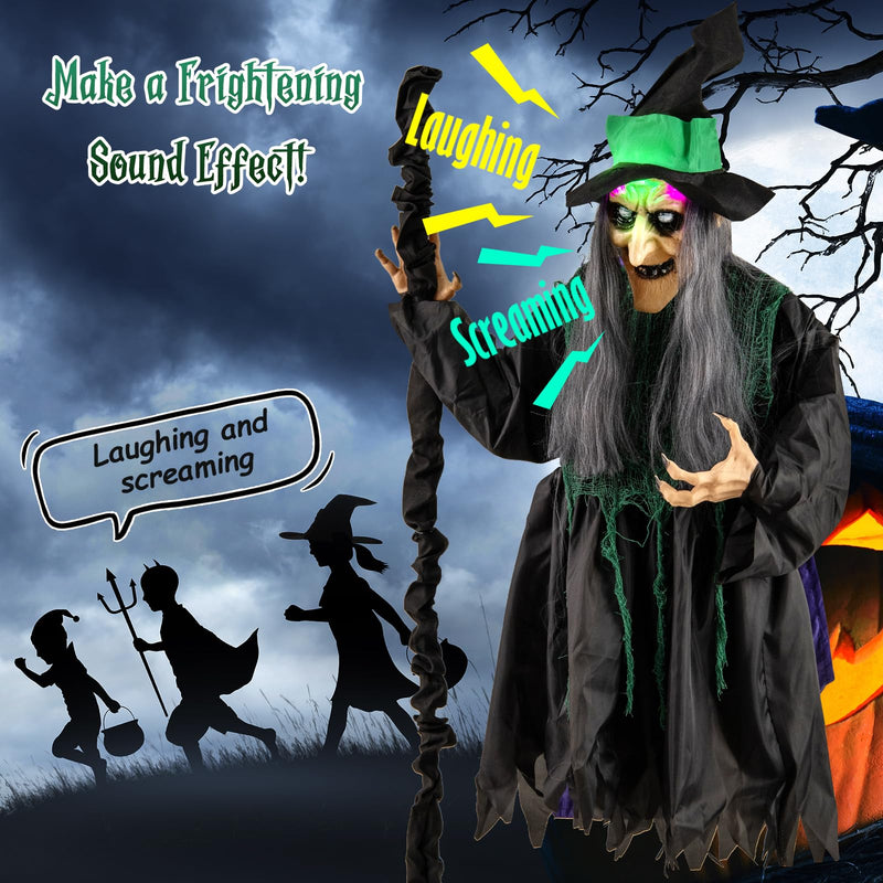 Load image into Gallery viewer, Goplus Witch with Broomstick Halloween Animatronic, Life Size Animated Halloween Prop with Laughing and Screaming Sound
