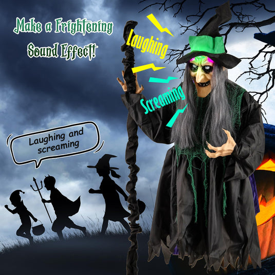 Goplus Witch with Broomstick Halloween Animatronic, Life Size Animated Halloween Prop with Laughing and Screaming Sound