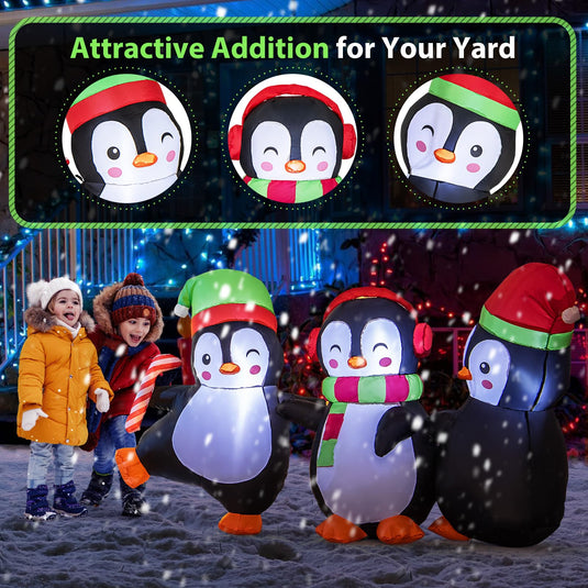 Goplus 6FT Christmas Inflatables, LED Lighted Xmas Inflatable Penguin Family Hand in Hand