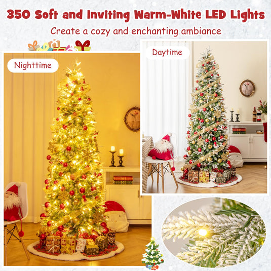 Goplus 7.5 FT Pre-Lit Pencil Christmas Tree, Artificial Snow Flocked Hinged Fake Slim Xmas Tree with 350 Warm-White LED Lights