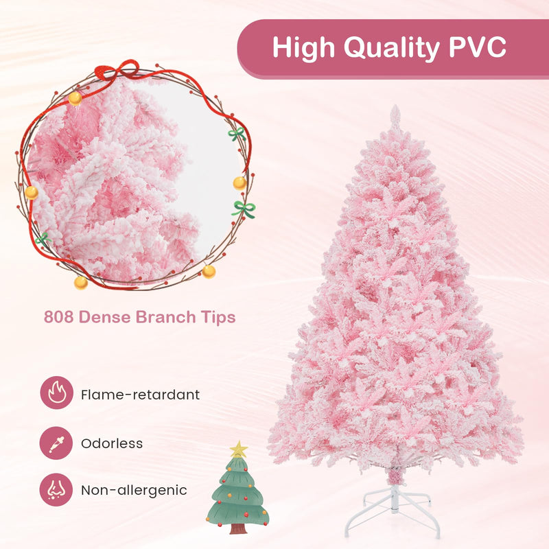 Goplus 6FT Pink Pre-lit Christmas Tree, Hinged Snow Flocked Artificial ...
