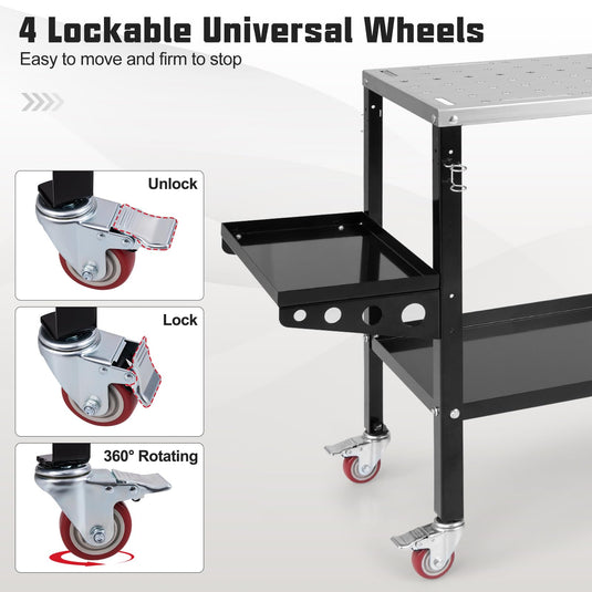 Goplus 36” x 18” Rolling Welding Table, 1200 lbs Welding Workbench on Wheels w/Tool Rack & Tray