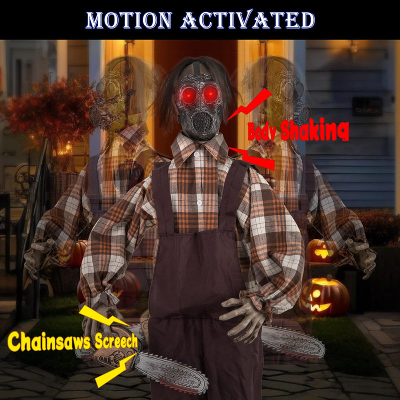 Load image into Gallery viewer, Goplus Halloween Animatronic Chainsaw Man, Halloween Prop with Gas Mask, Chainsaws, Red Light Up Eyes
