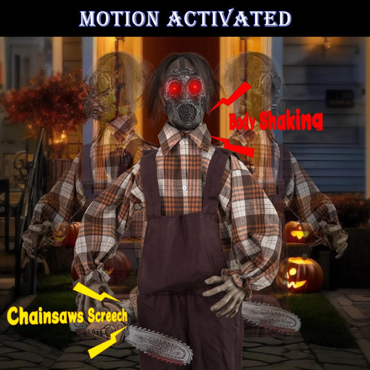 Goplus Halloween Animatronic Chainsaw Man, Halloween Prop with Gas Mask, Chainsaws, Red Light Up Eyes