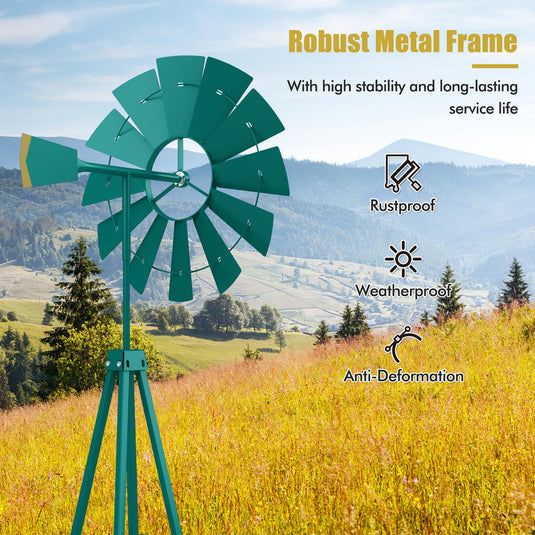Goplus 8 ft Ornamental Windmill, All-Weather Metal Wind Mill w/ 4 Support Legs, Decorative Weathervane