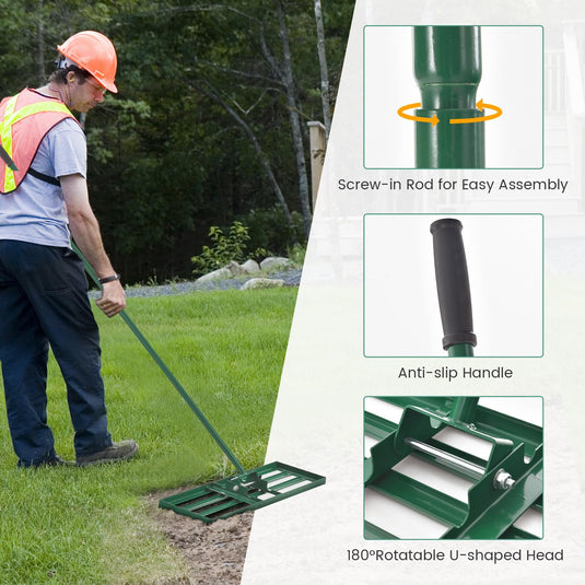 Goplus Lawn Leveling Rake, Heavy Duty Level Lawn Tool w/ Ergonomic Handle for Soil
