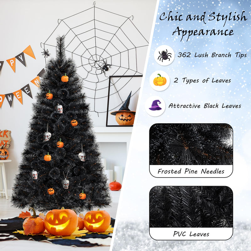 Load image into Gallery viewer, Goplus 6/7/8 ft Pre-Lit Black Halloween Christmas Tree, Artificial Hinged Xmas Full Tree with 362/572/860 Pine Needles &amp; PVC Branch Tips
