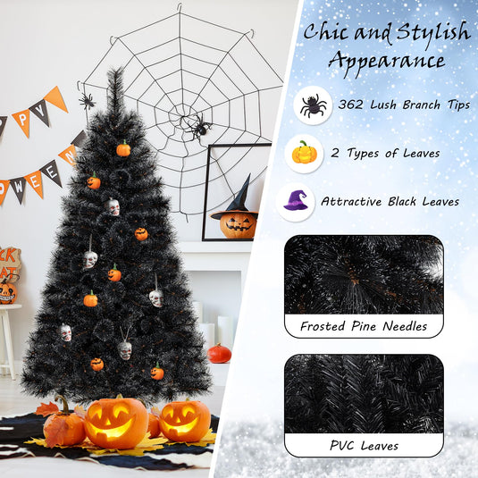 Goplus 6/7/8 ft Pre-Lit Black Halloween Christmas Tree, Artificial Hinged Xmas Full Tree with 362/572/860 Pine Needles & PVC Branch Tips