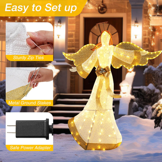 Goplus 5.2 FT Christmas Lighted Angel, Pre-Lit Winged Holiday Figure Angel with180 Warm White LED Lights