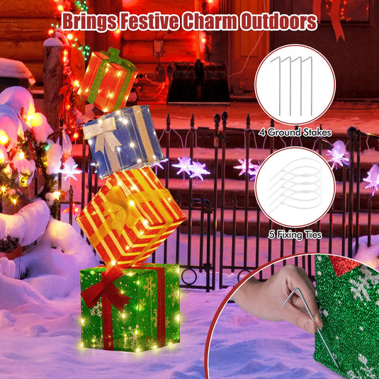 Goplus Lighted Gift Boxes, Set of 4 Stackable Pre-lit Box Decorations with Warm White LED Lights & Pre-Assembled Ribbons