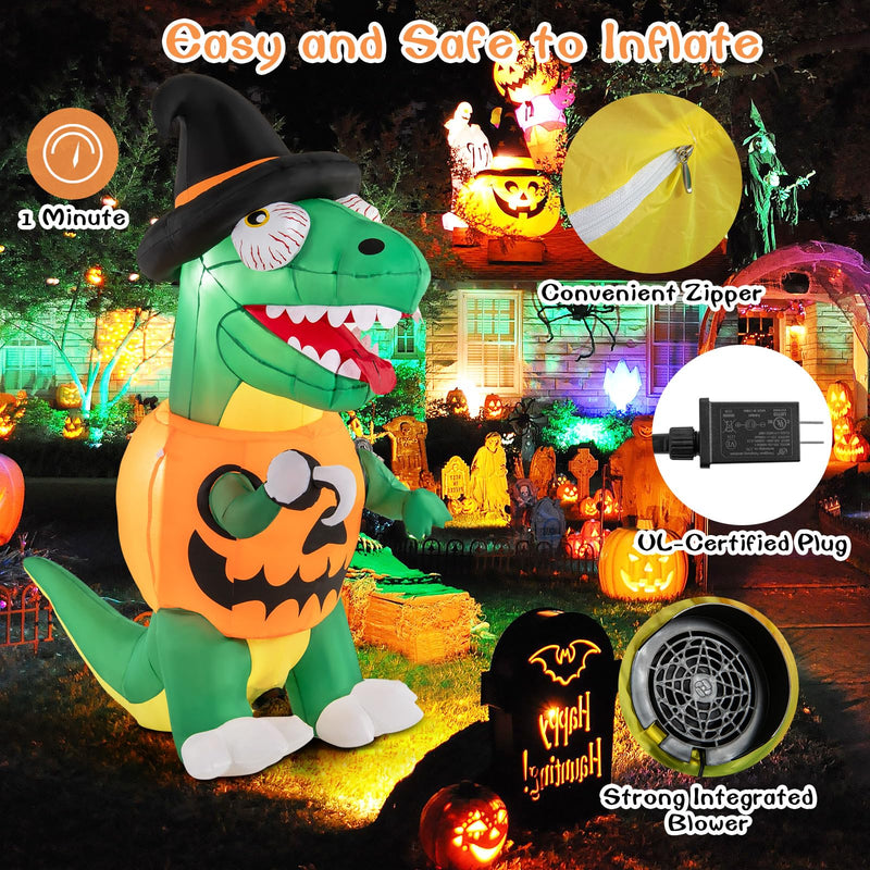 Load image into Gallery viewer, Goplus 6 FT Inflatable Pumpkin Dinosaur, Blow up Yard Decoration with Built-in LED Lights &amp; Witch Hat
