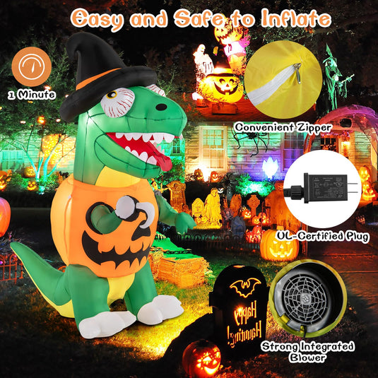 Goplus 6 FT Inflatable Pumpkin Dinosaur, Blow up Yard Decoration with Built-in LED Lights & Witch Hat