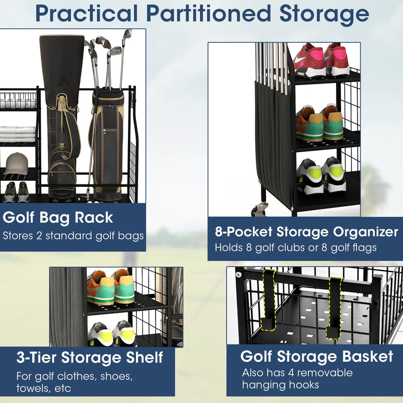 Load image into Gallery viewer, Goplus Golf Bags Storage Garage Organizer, Golf Bag Rack with Lockable Universal Wheels for Golf Clubs
