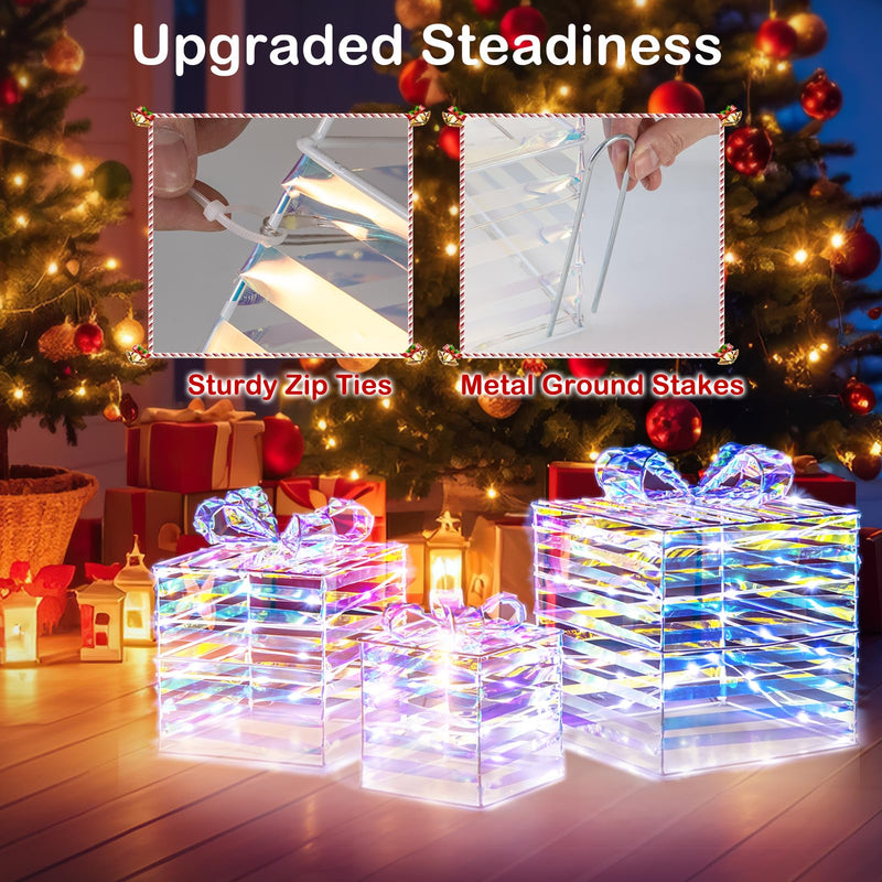 Load image into Gallery viewer, Goplus 3 Pieces Christmas Lighted Gift Boxes, 90 LED Light up Present Boxes with Bows, Zip Ties &amp; Ground Stakes
