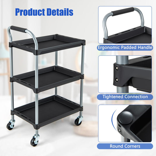 Goplus 3-Tier Rolling Tool Cart, Mobile Service Cart with Universal Lockable Wheels, Sponged Handle