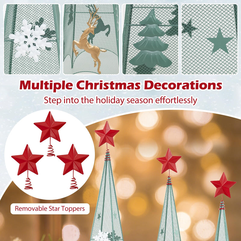 Load image into Gallery viewer, Goplus Set of 3 Tower Shaped Christmas Trees (3ft/3.5ft/4ft), Artificial Xmas Metal Trees with Removable Star Toppers &amp; Reindeer
