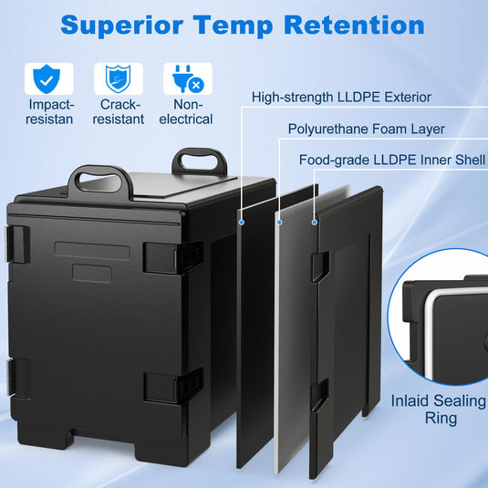 Goplus Insulated Food Pan Carrier, 82 Qt LLDPE Hot Box w/5 Full-Size Food Pans, Double Buckles