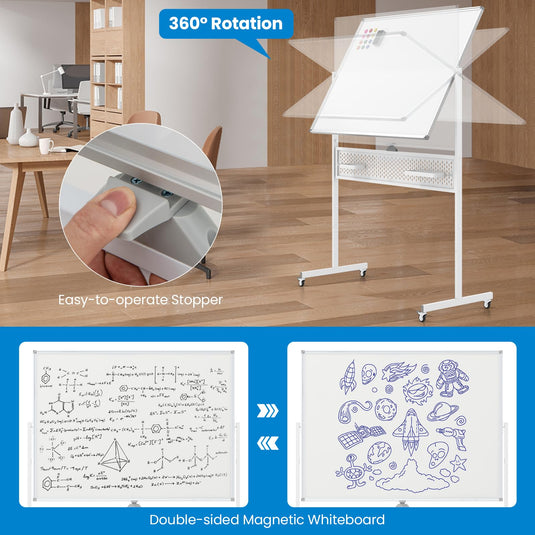 Goplus Rolling Whiteboard, 48” x 36” Height Adjustable Dry Erase Board with Pegboard, Hooks & Trays, Magnets