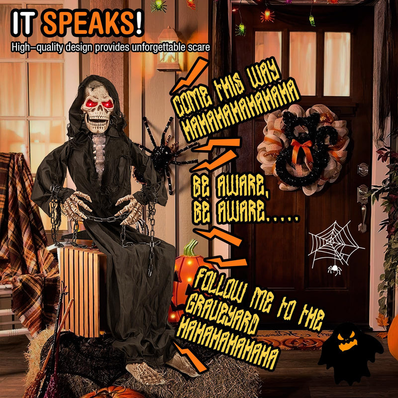 Load image into Gallery viewer, Goplus Halloween Animatronics, Animatronic Sitting Skeleton, Halloween Animated Moving Reaper with Light Up Eyes
