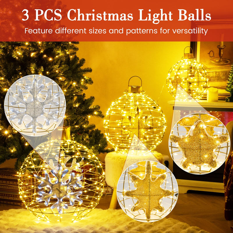 Load image into Gallery viewer, Goplus 3 PCS Pre-Lit Lantern Balls, Hanging/Standing Christmas Ornaments with 732 Bright LED Lights, Zip Ties &amp; Ground Stakes
