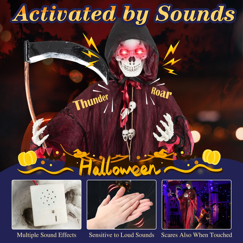 Load image into Gallery viewer, Goplus 8 Ft Halloween Animatronics, Sound &amp; Touch Activated Grim Reaper with Sickle, Glowing LED Eyes &amp; Scary Voices
