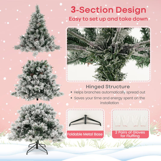 Goplus 7 FT Pre-Lit Snow Flocked Christmas Tree, Artificial Hinged Xmas Tree with 1057 PVC & Pine Needles Branch Tip
