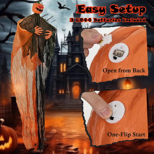 Goplus 6 Ft Hanging Halloween Decoration, Ghost Pumpkin Man with Red LED Eyes & Posable Arms