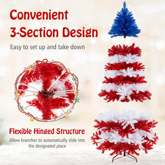 Goplus 7.5 FT Pre-Lit Patriotic Artificial Christmas Tree, Flag-Themed Hinged Xmas Tree with 480 Warm White LED Lights