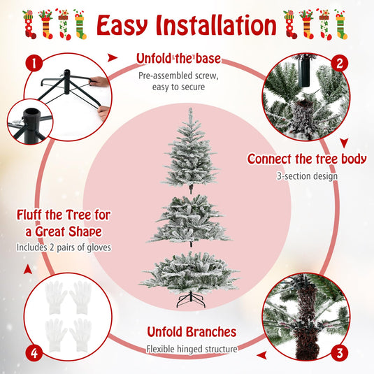 Goplus 6/7/8 ft Pre-Lit Snow Flocked Christmas Tree, Artificial Hinged Xmas Tree with 661/1119/1447 PVC & PE Tips