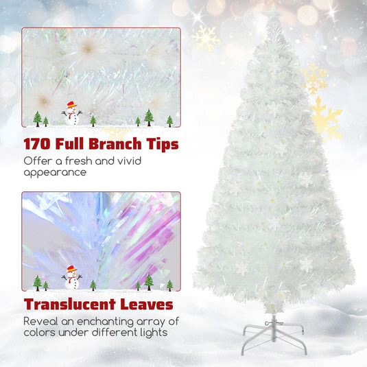 Goplus Pre-lit Fiber Optic Christmas Tree, Artificial White Xmas Tree with 24 Colorful LED Lights