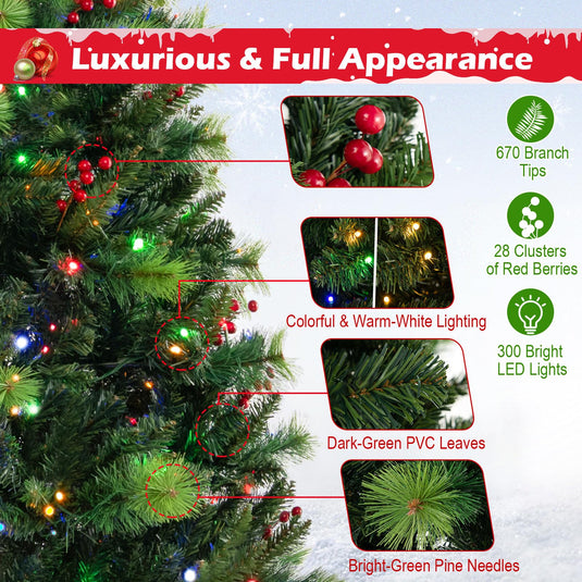 Goplus Pre-Lit Artificial Christmas Tree, Hinged Xmas Tree with 670 PVC & Pine Needles Branch Tips