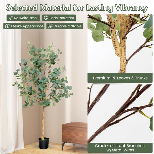 Goplus 5.5ft Artificial Eucalyptus Tree, Tall Faux Eucalyptus Stems Fake Plants in Pot with 517 Silver Dollar Leaves