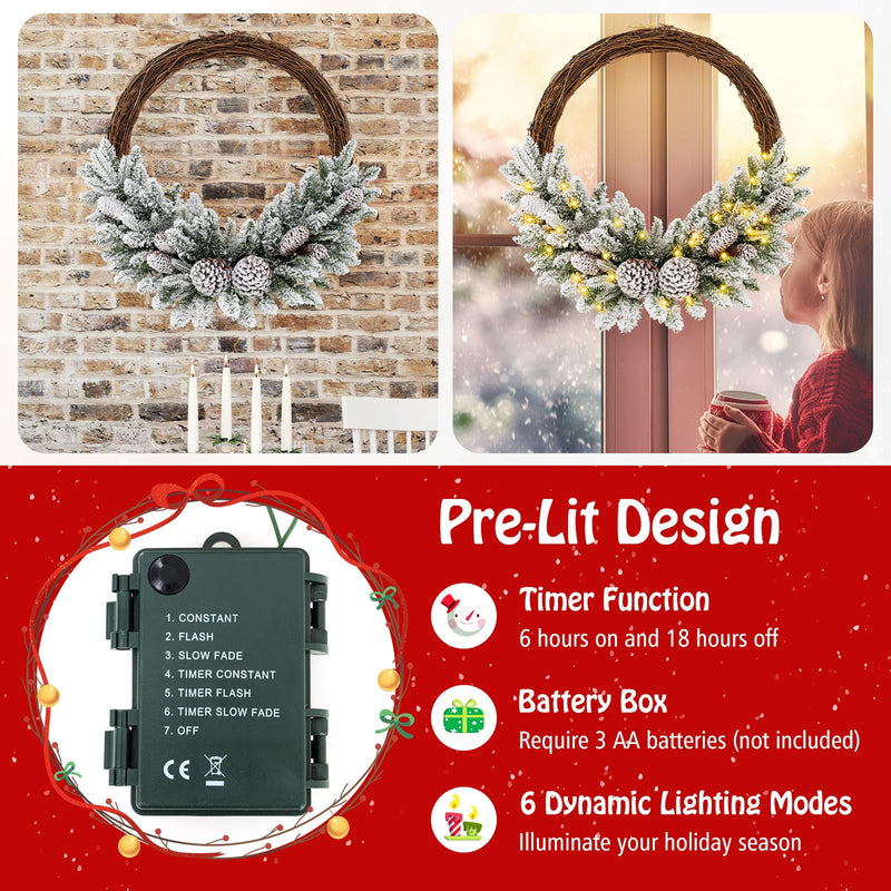 Load image into Gallery viewer, Goplus 24” Pre-Lit Artificial Christmas Wreath, Snow Flocked Xmas Wreath with 35 Battery Operated Warm White LED Lights
