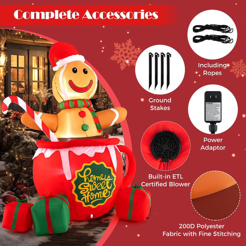 Load image into Gallery viewer, Goplus 7 Ft Christmas Inflatable, Blow up Pre-Lit Gingerbread Man in Mug with Gift Boxes &amp; Candy Cane
