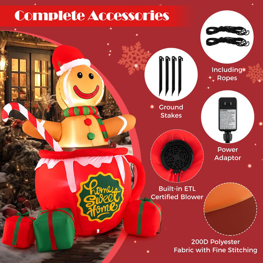 Goplus 7 Ft Christmas Inflatable, Blow up Pre-Lit Gingerbread Man in Mug with Gift Boxes & Candy Cane